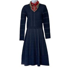 Womens Elegant A Line Midi Long Sleeve Flared Navy Blue Chic Dress Medium